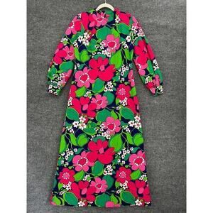 Vintage Polynesian Bazaar Hawaiian Maxi Dress Size 12 Bright Floral Mod 60s 70s